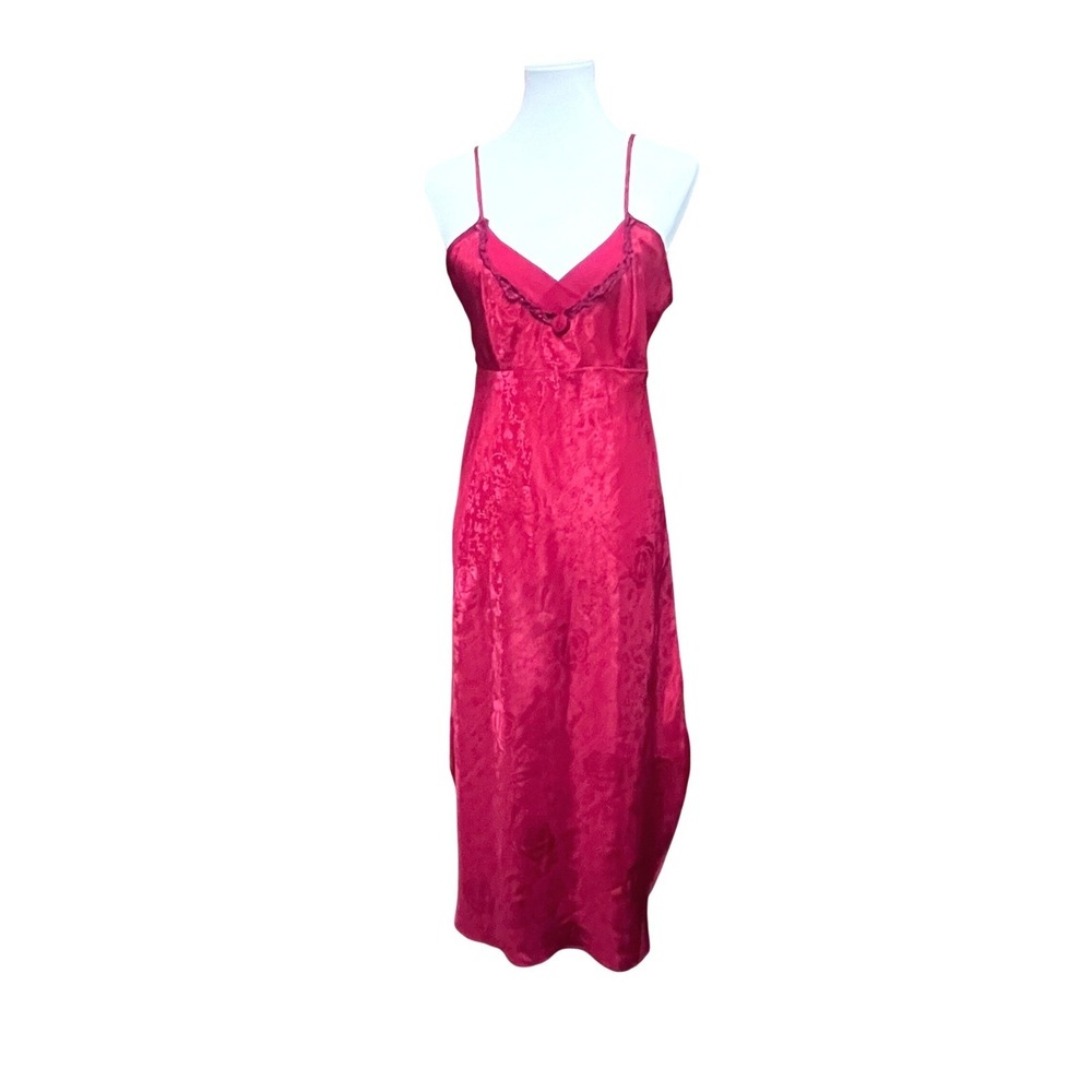 Private Luxuries Vintage Red Burgundy Floral Jacquard Nightgown Slip Dress WMN M